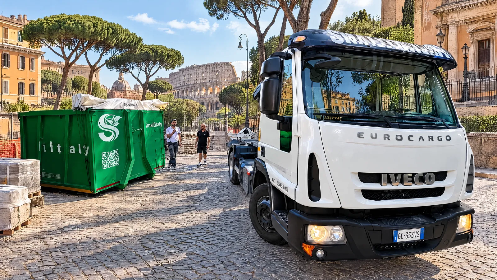 Iveco Eurocargo bianco Smaltitaly e cassone verde, elaborazione fotografica ambientata a Roma