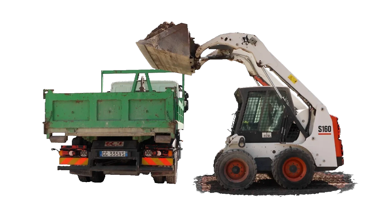 Animazione illustrativa: una pala Bobcat carica il materiale nel cassone di un camion