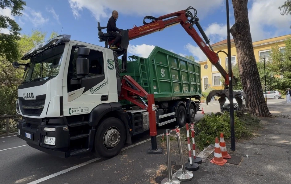 Il camion Smaltitaly con cassone verde e gru a ragno
